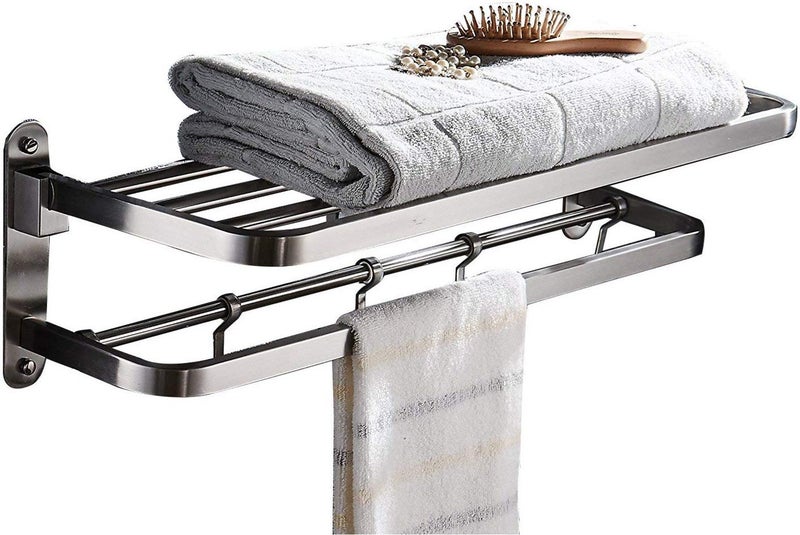 ELLO&ALLO Stainless Steel Towel Racks for Bathroom Shelf Double Towel Bar Holder with Hooks Wall Mounted Multifunctional Foldable Brushed Nickel - Image 1